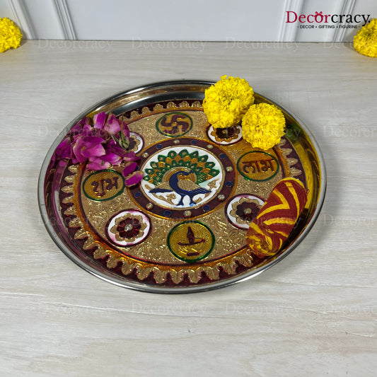 Golden Pooja Steel Half Meenakari Aarti Plain Thali 12"
