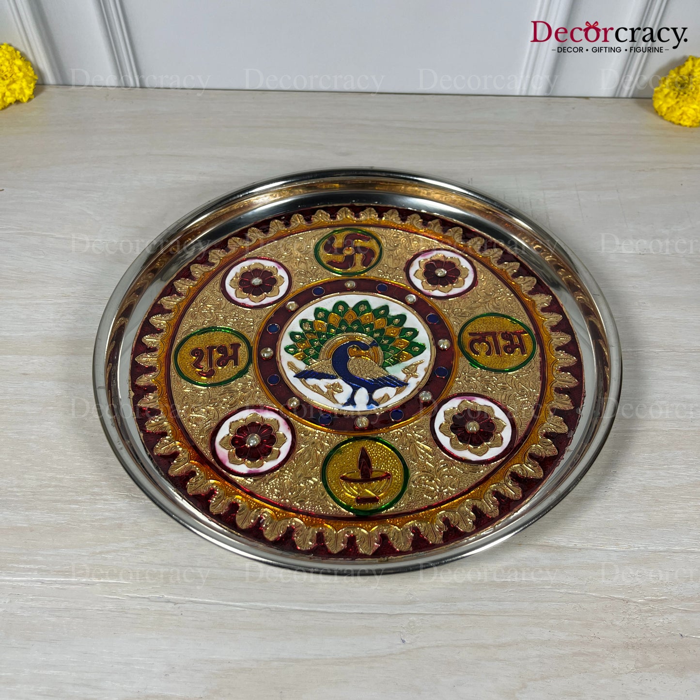 Golden Pooja Steel Half Meenakari Aarti Plain Thali 12"