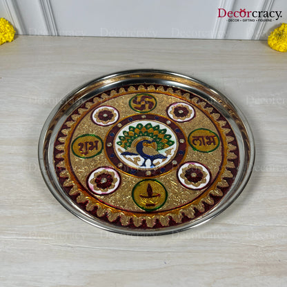 Golden Pooja Steel Half Meenakari Aarti Plain Thali 12"