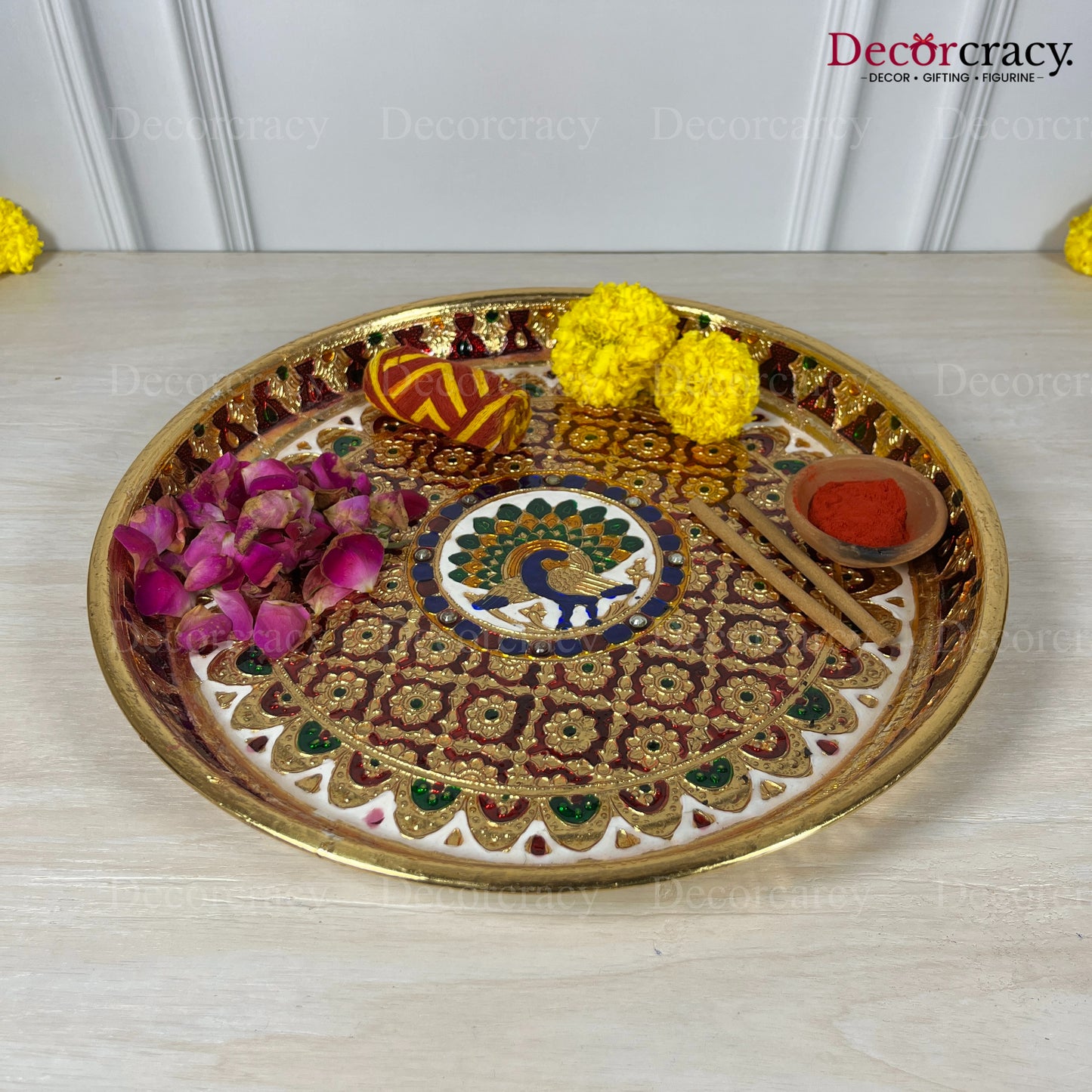 Golden Pooja Steel Full Meenakari Aarti Plain Thali 13"