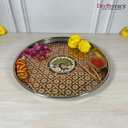 Golden Pooja Steel Half Meenakari Aarti Plain Thali 13"