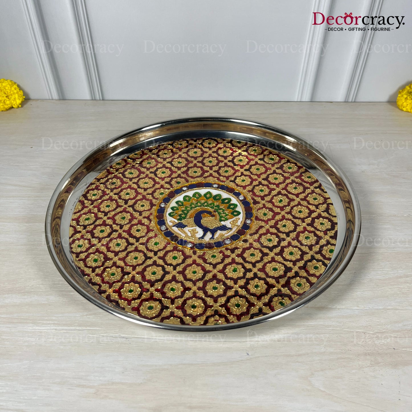 Golden Pooja Steel Half Meenakari Aarti Plain Thali 13"
