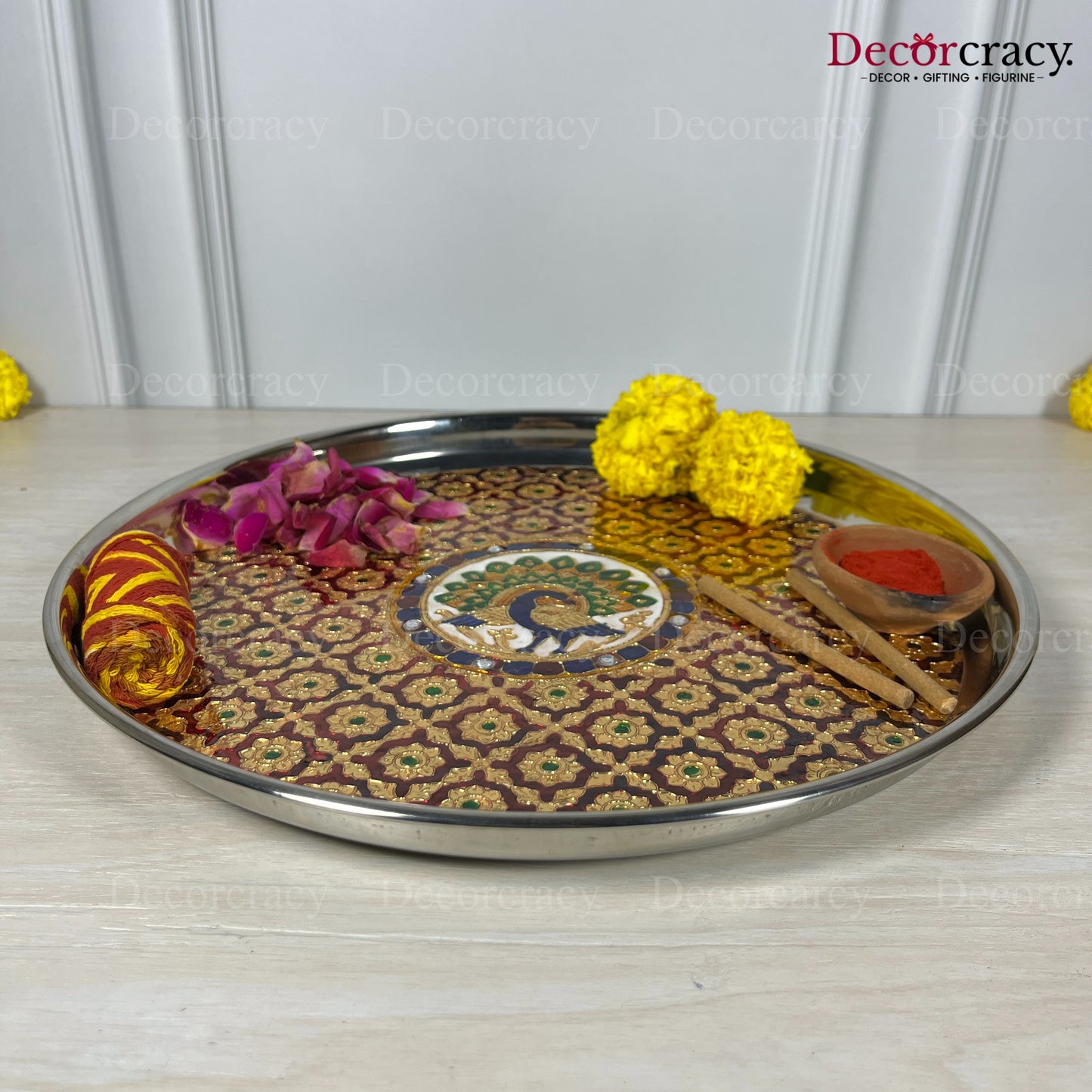 Golden Pooja Steel Half Meenakari Aarti Plain Thali 13"
