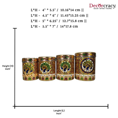 4pc Stainless Steel Storage Meenakari Peacock Design Box Golden