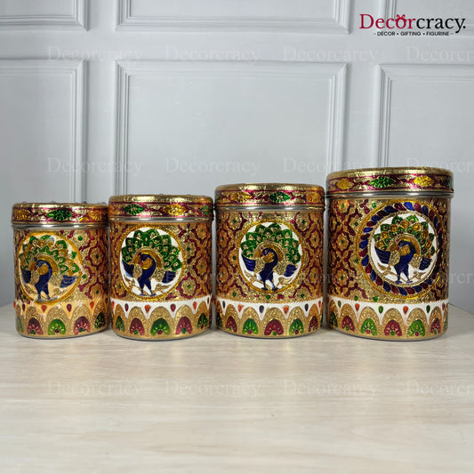 4pc Stainless Steel Storage Meenakari Peacock Design Box Golden