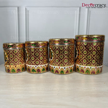 4pc Stainless Steel Storage Meenakari Peacock Design Box Golden