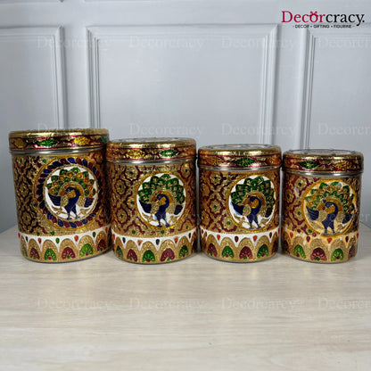 4pc Stainless Steel Storage Meenakari Peacock Design Box Golden