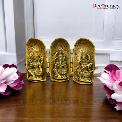 Shree Lakshami Ganesh Saraswati Round Folding Capsule Metal golden