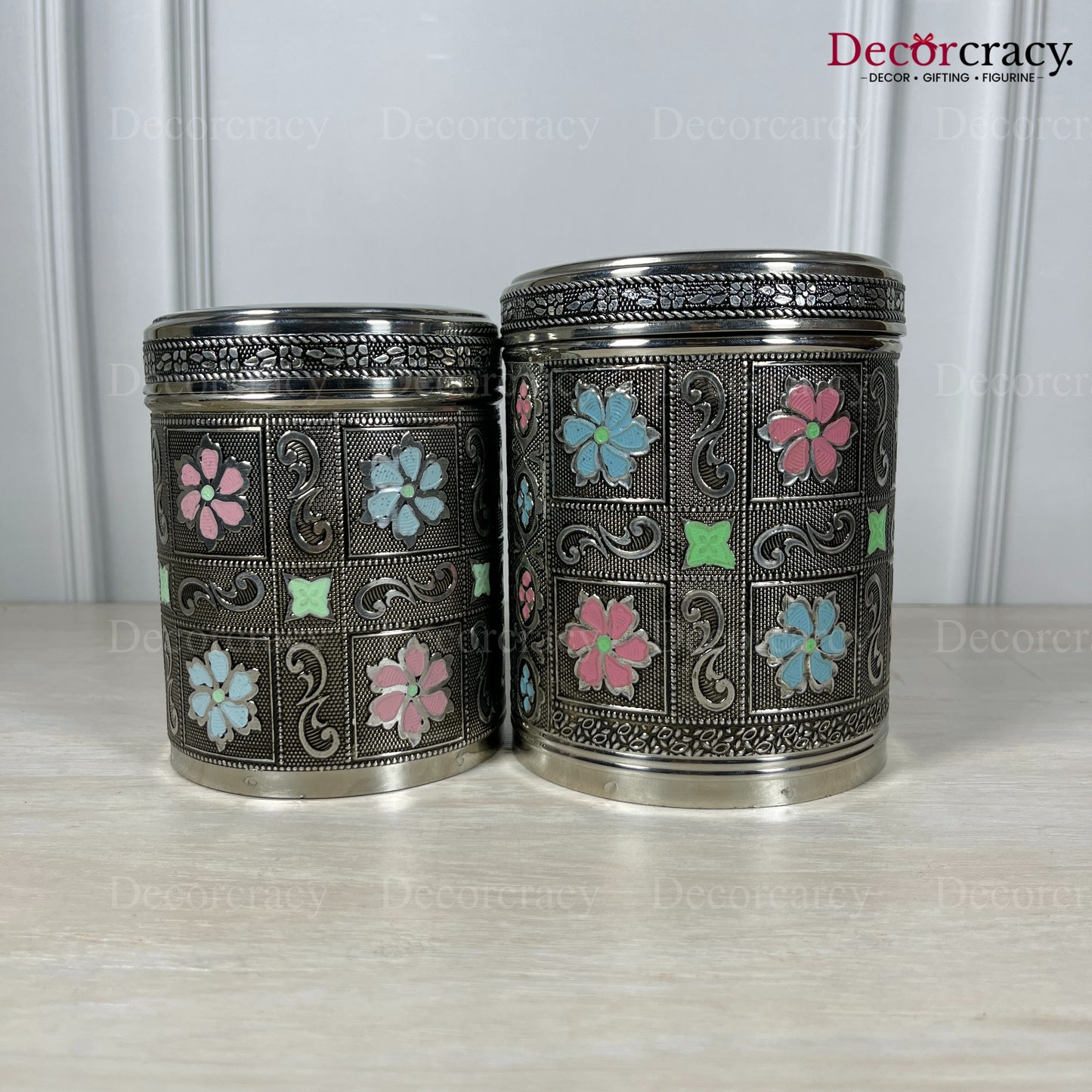 2pc Stainless Steel Storage Oxidized Design Box Silver