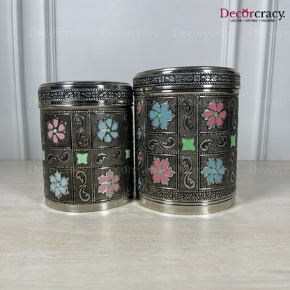 2pc Stainless Steel Storage Oxidized Design Box Silver