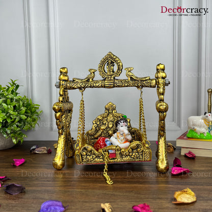 Laddu Gopal Peacock Jhula Metal golden