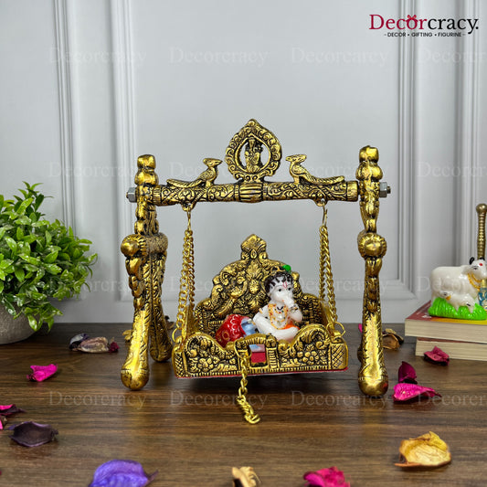 Laddu Gopal Peacock Jhula Metal golden